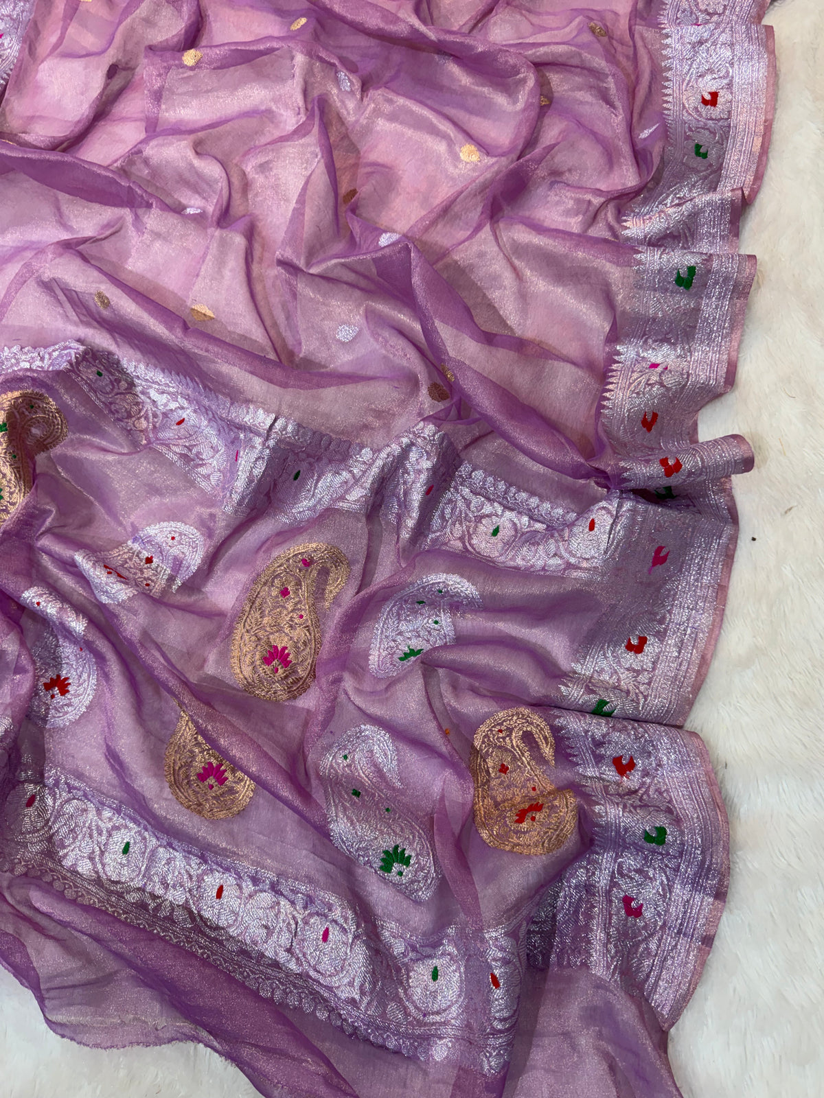Lavender Pure Khaddi Tissue Chiffon Sona & Roopa Meenakari Banarasi Saree