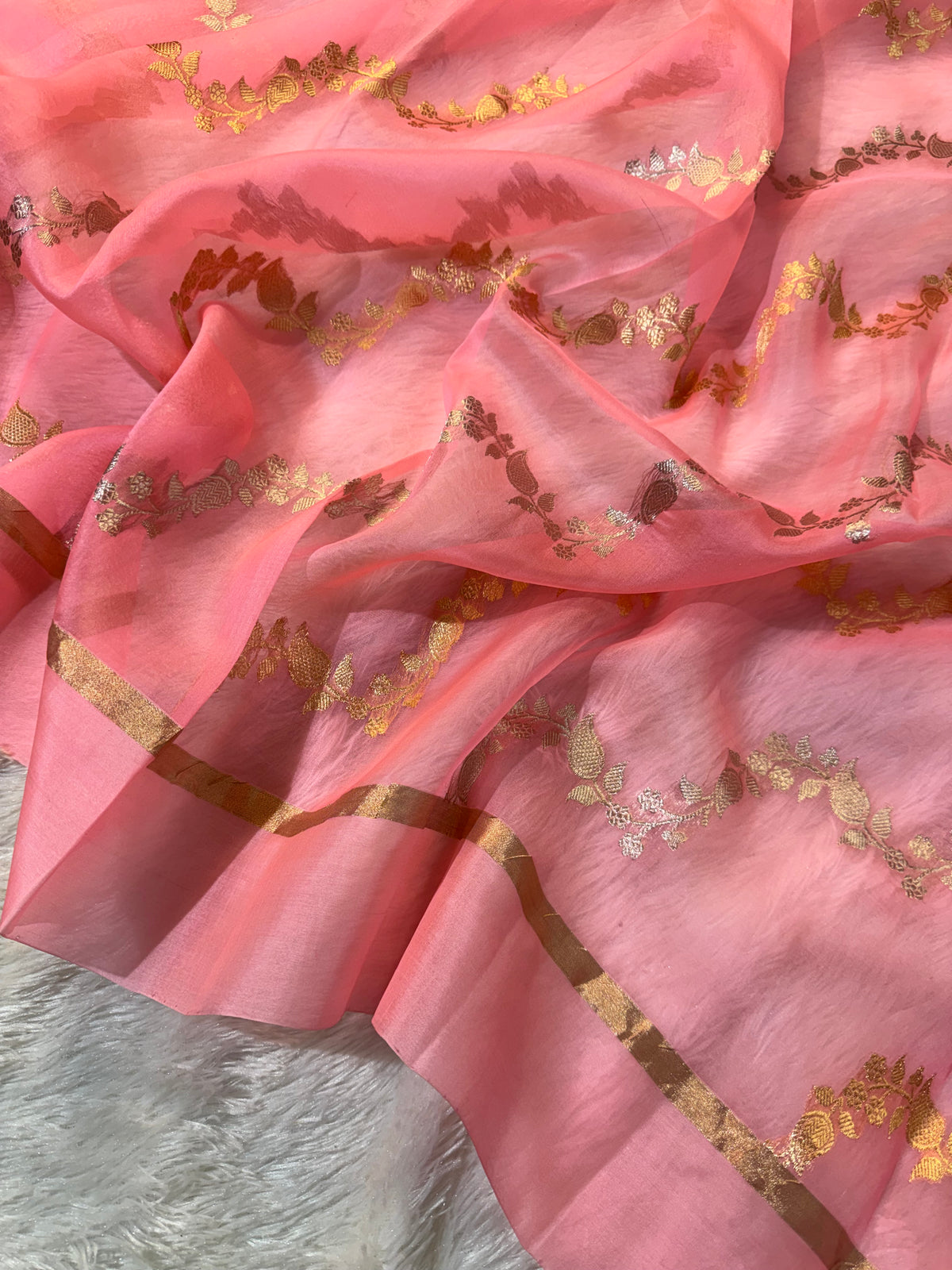 Light Peach Pure Kora Organza Silk Banarasi Saree