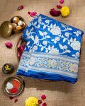 Peacock Blue With Handbrush Pure Khaddi Georgette Silk Banarasi Saree