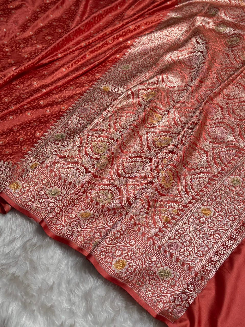 Rust Red Tanchui Meenakri Mashru Katan Silk Banarasi Saree