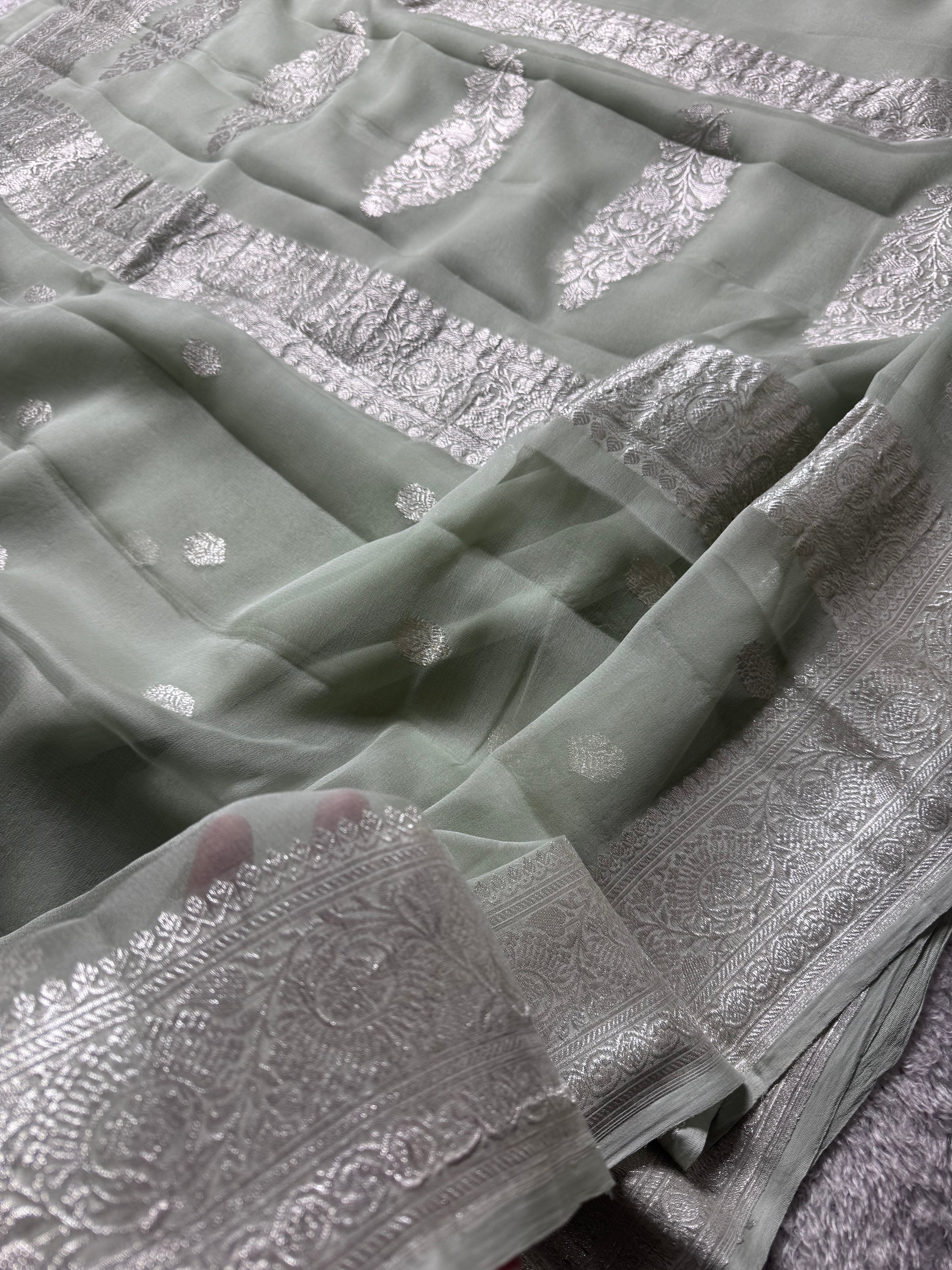 Pista Green Pure Khaddi Chiffon Silk Banarasi Saree