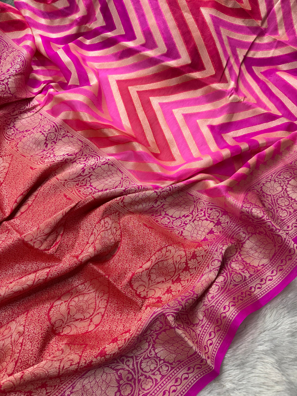 Rani Pink Rangkat Pure Chiffon Silk Banarasi Saree
