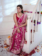 Rani Pink Pure Khaddi Georgette Silk Banarasi Meenakari Saree