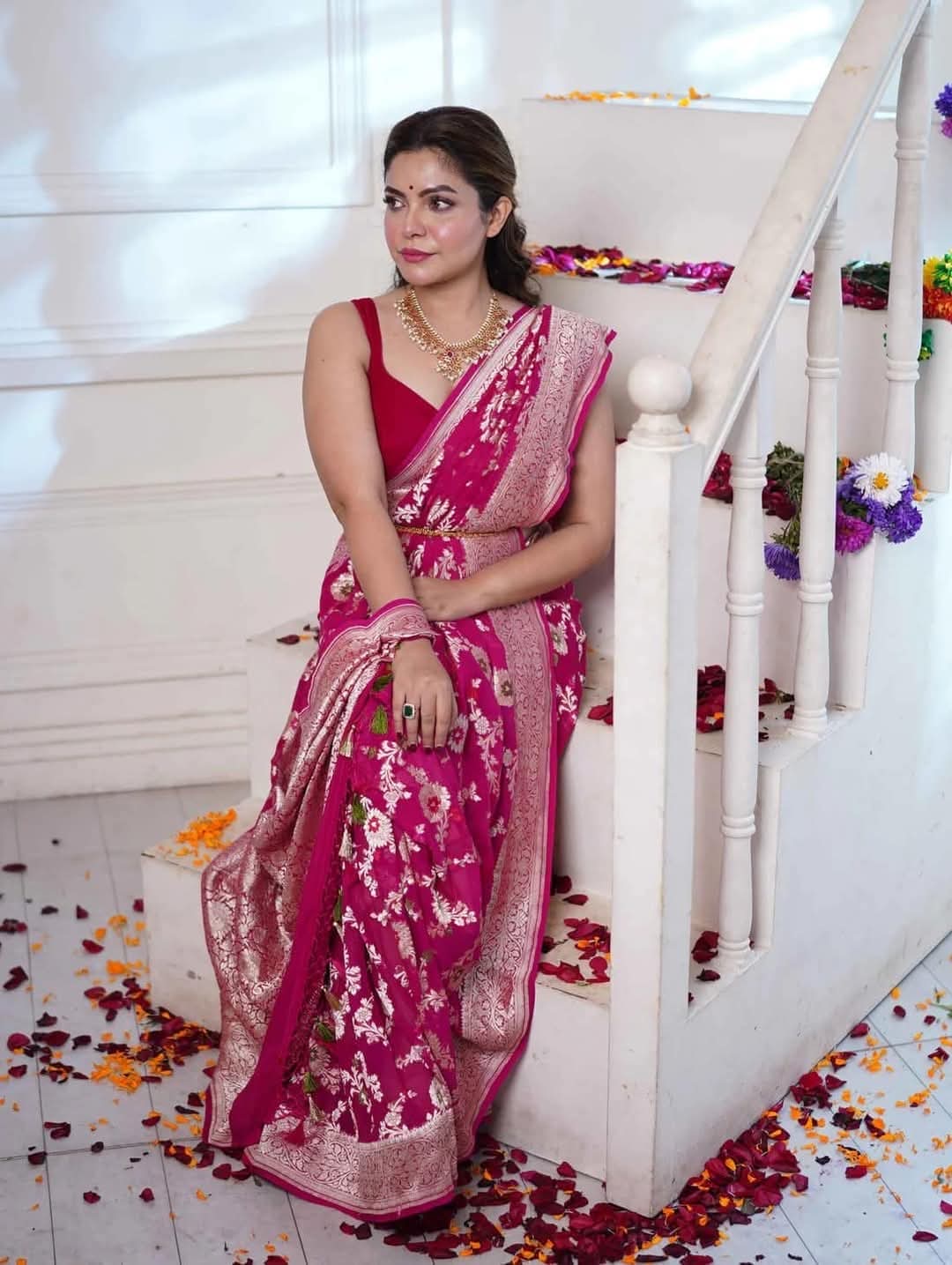 Rani Pink Pure Khaddi Georgette Silk Banarasi Meenakari Saree