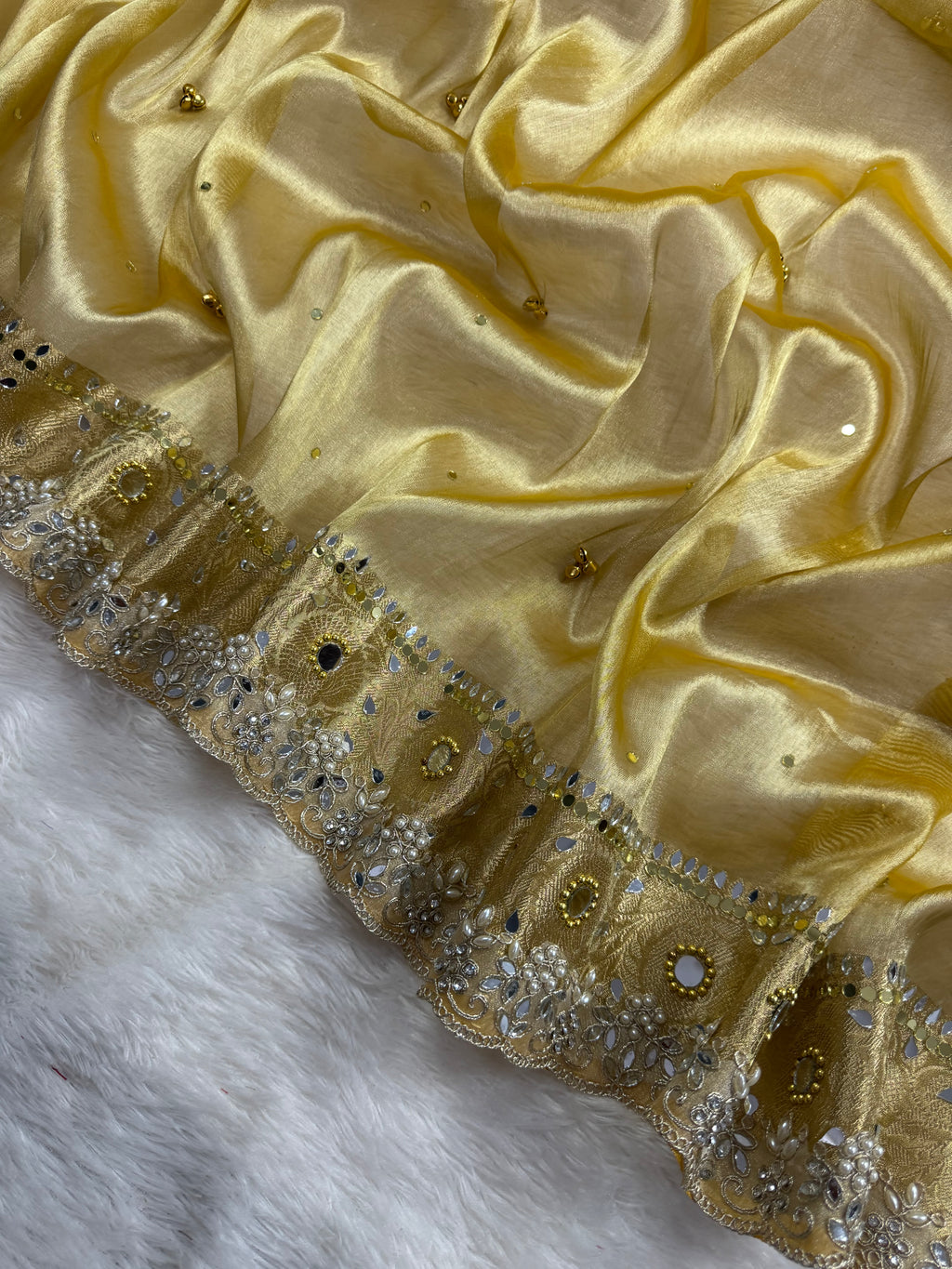 Yellow Tissue Silk Saree With Ghungroo & Mirror Work Designer Border Lace Saree