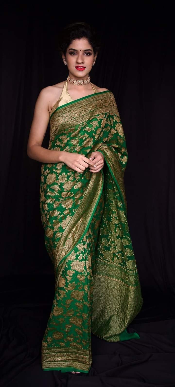 Deep Emerald Green Pure Khaddi Georgette Silk Banarasi Jaal Handwoven Saree