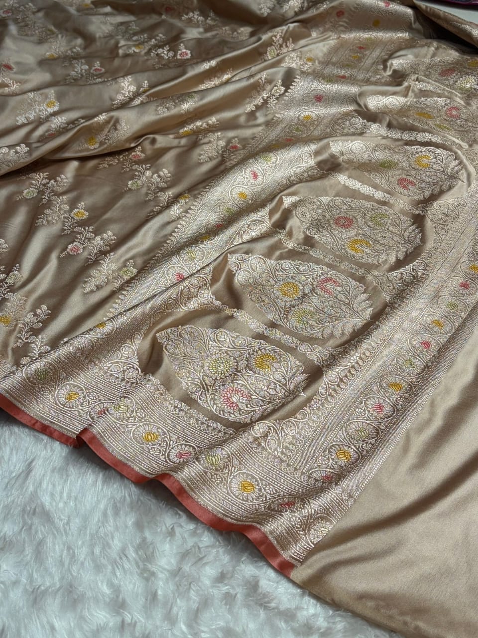 Light Golden Beige Meenakri Mashru Katan Silk Banarasi Saree