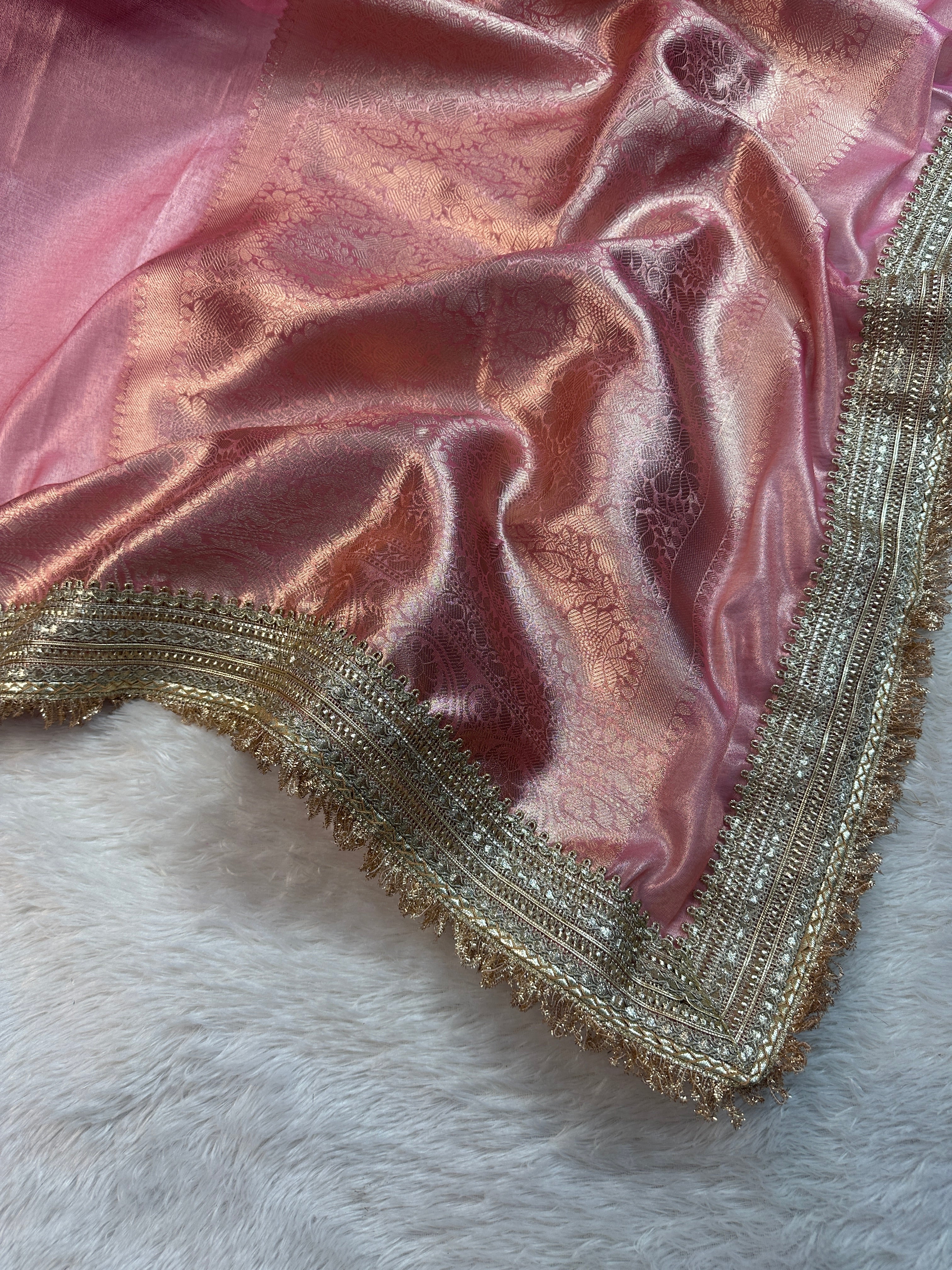 Blush Pink Tissue Silk Banarasi Saree With Designer Lace Work