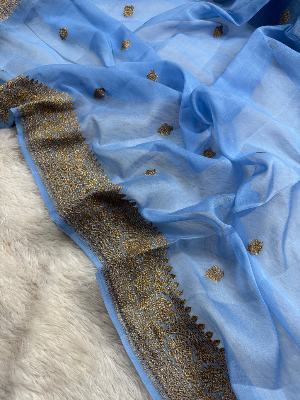 Powder Blue Pure khaddi Chiffon Silk Banarasi Saree