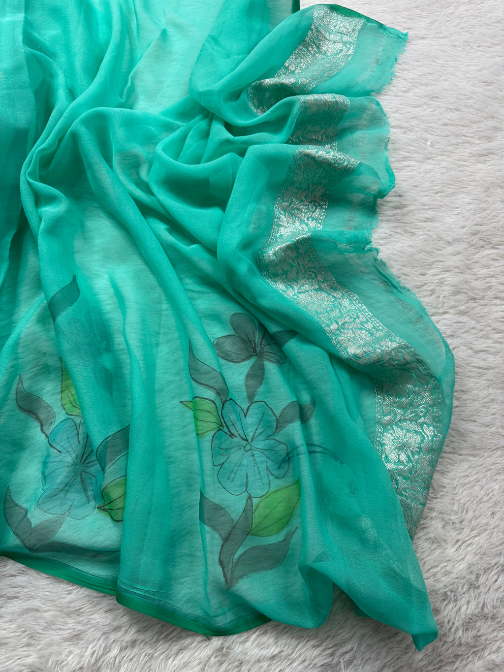 Sea Green Handbrush Pure Khaddi Chiffon Silk Banarasi Saree