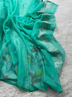 Sea Green Handbrush Pure Khaddi Chiffon Silk Banarasi Saree