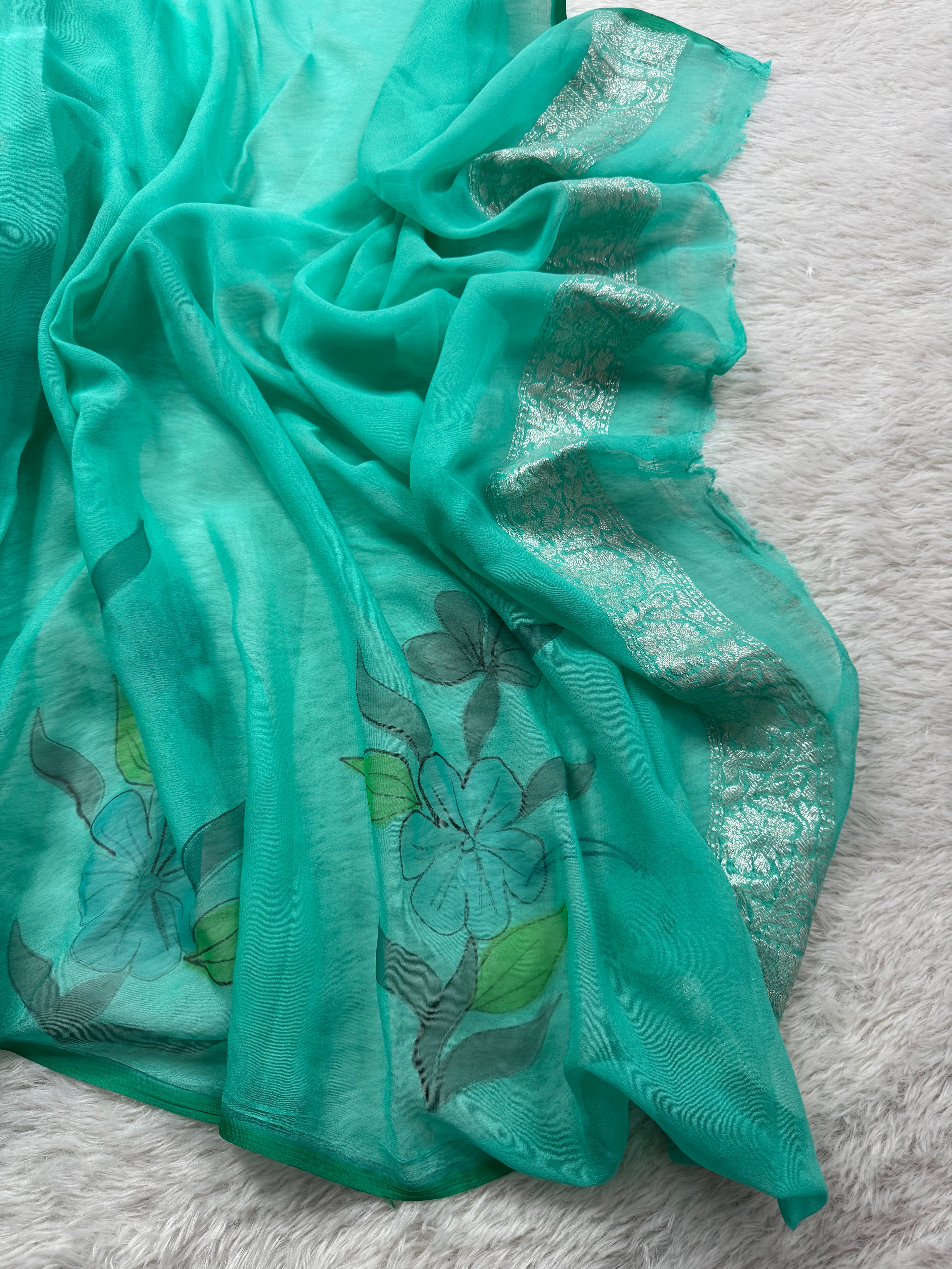 Sea Green Handbrush Pure Khaddi Chiffon Silk Banarasi Saree