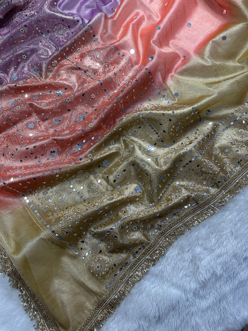 Peach, Lavender & Gold Tissue Silk Saree With Mirror Work, Pearl Detailing & Designer Lace Border