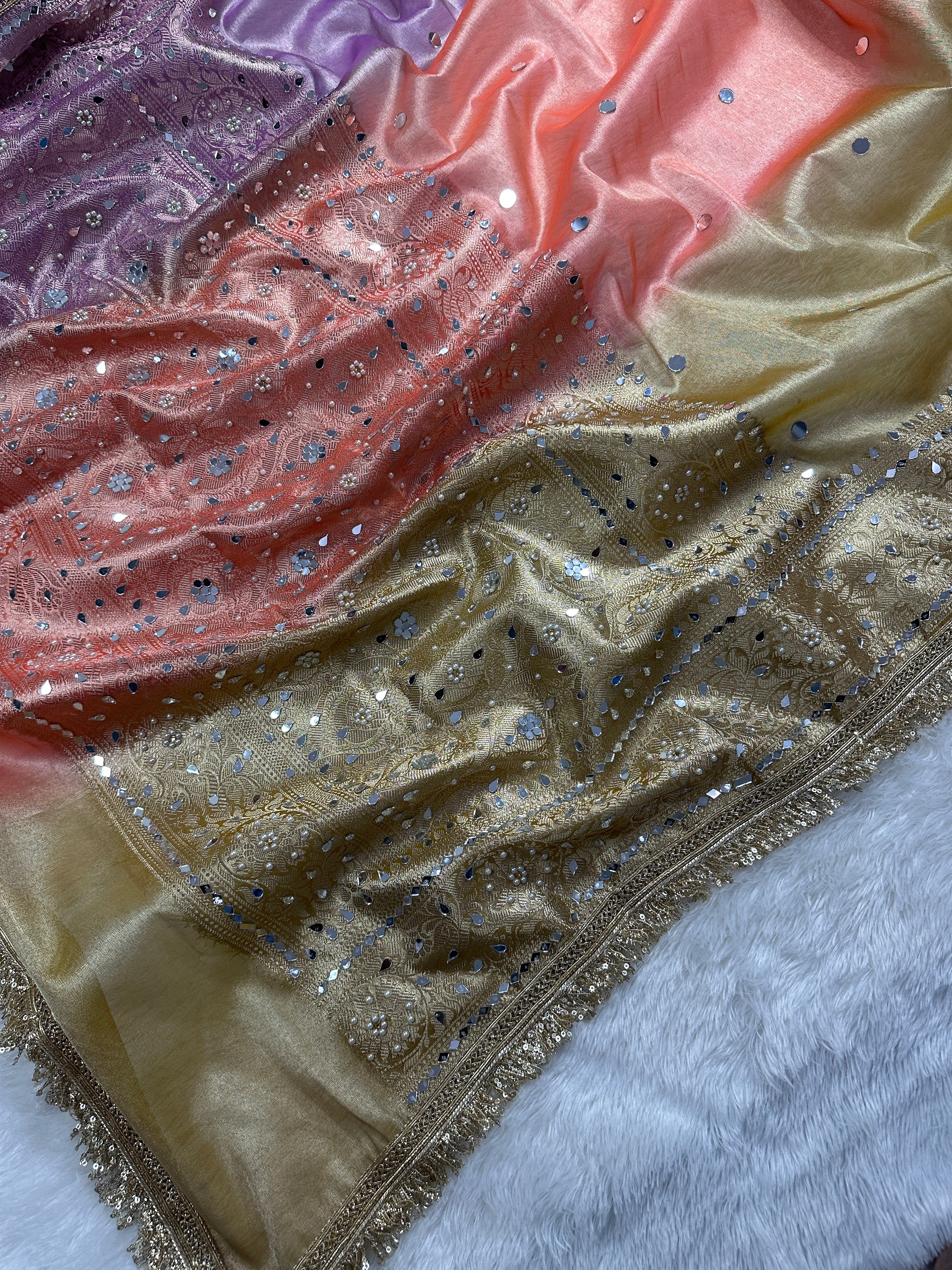 Peach, Lavender & Gold Tissue Silk Saree With Mirror Work, Pearl Detailing & Designer Lace Border
