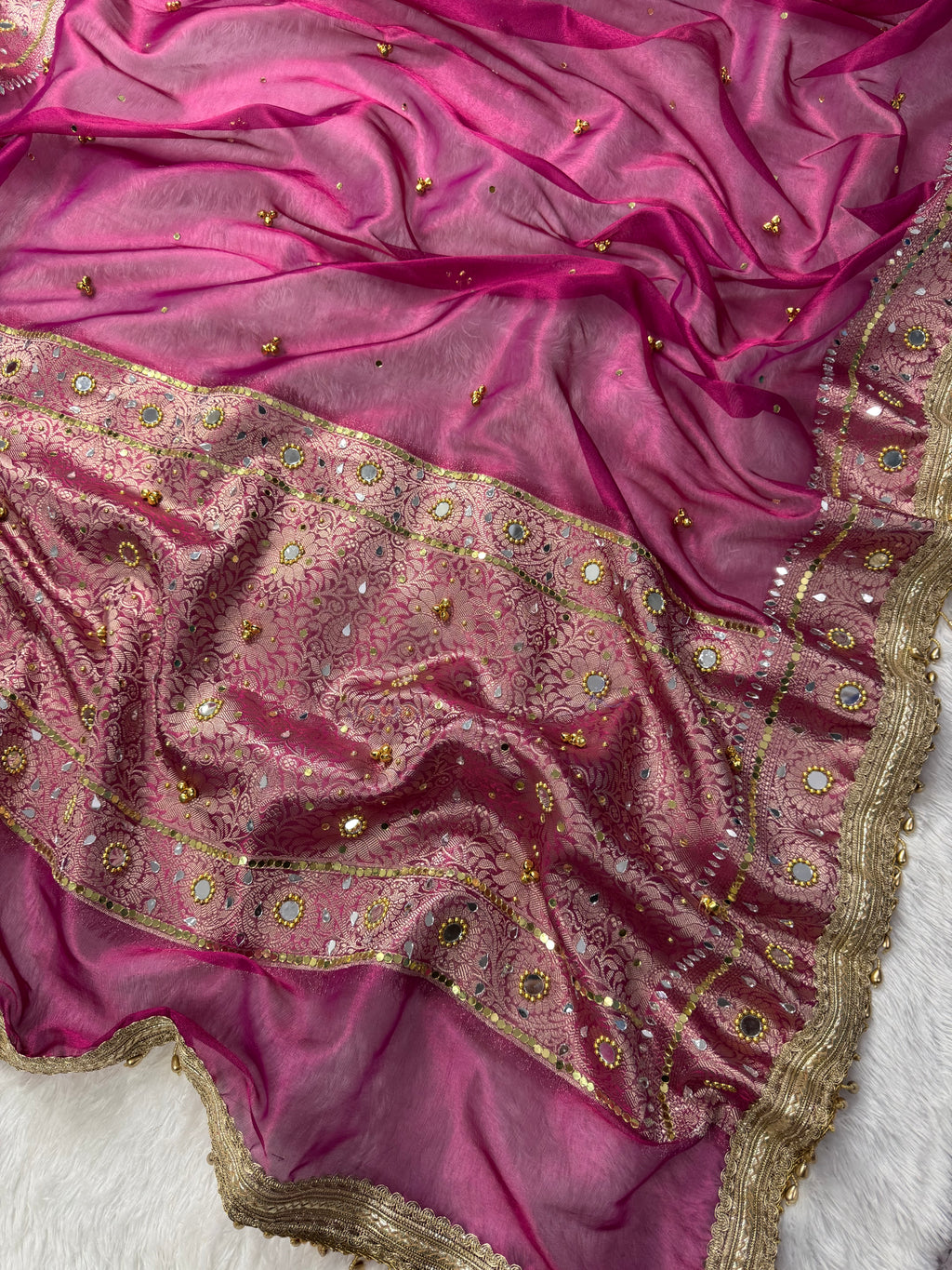 Rani Tissue Silk Saree With Ghungroo & Mirror Work Designer Border Lace Saree