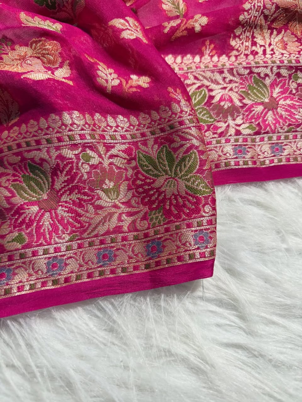 Rani Pink Pure Chiffon Silk Banarasi Saree