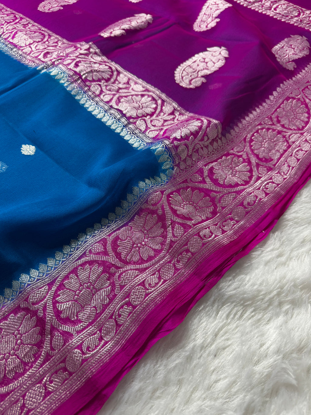 Teal Blue & Rani Pink Pure Khaddi Chiffon Silk Banarasi Saree