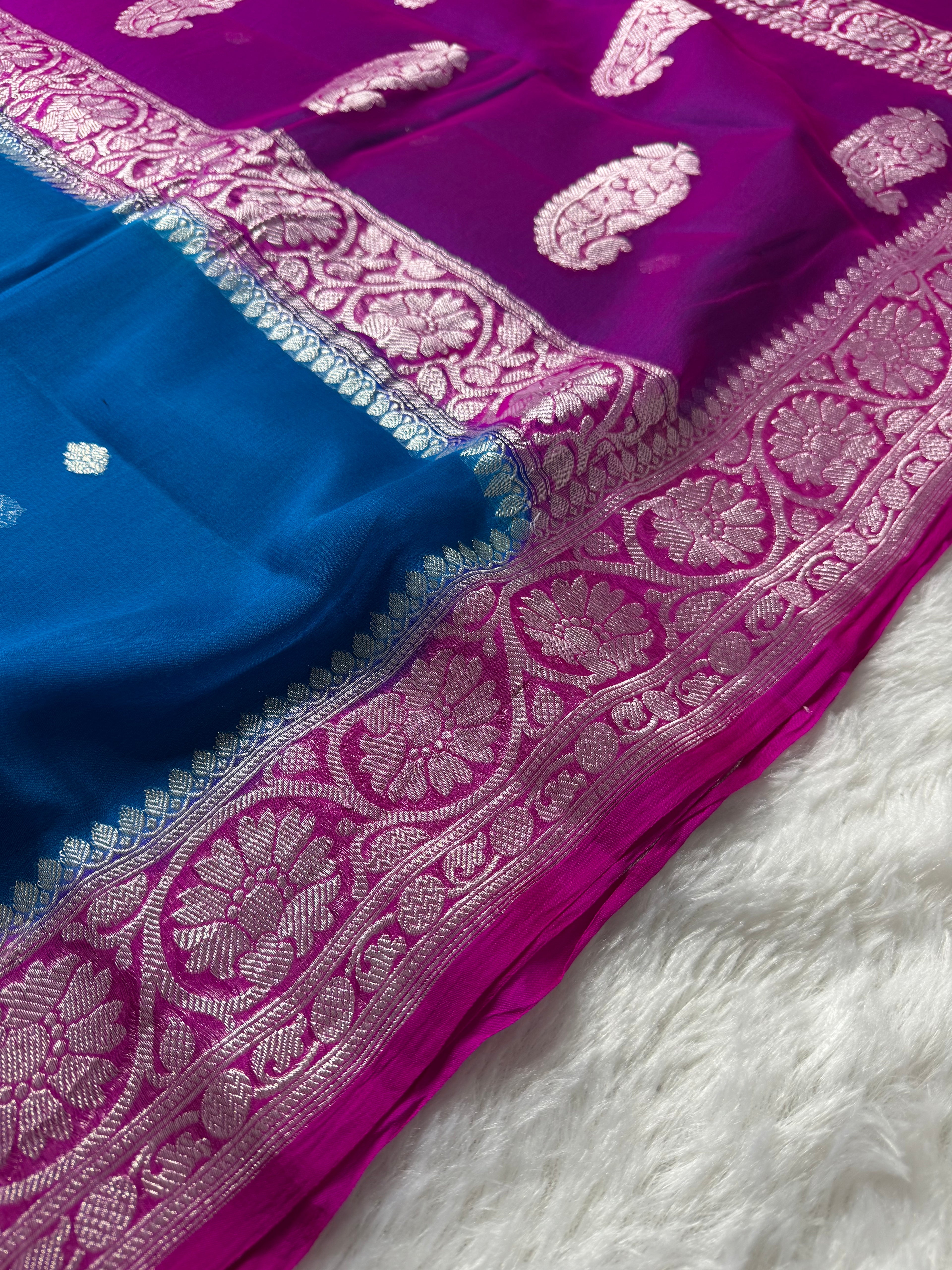 Teal Blue & Rani Pink Pure Khaddi Chiffon Silk Banarasi Saree