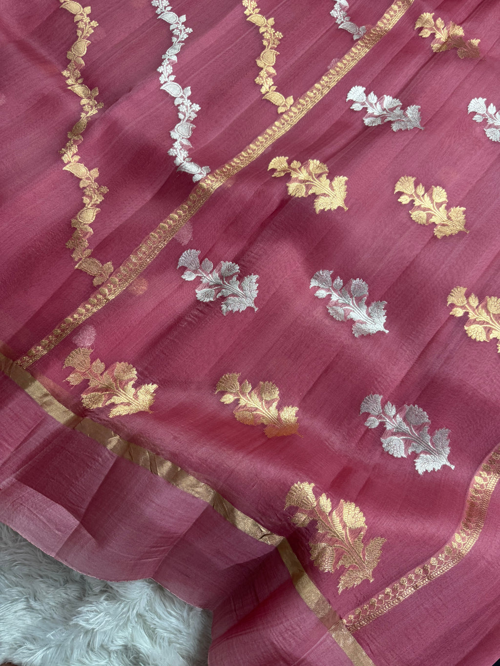Dusty Rose Stripe Sona & Roopa Pure Kora Organza Silk Banarasi Saree