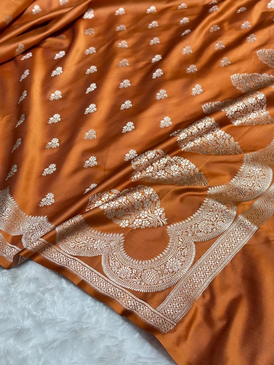 Burnt Orange Mashru Katan Silk Banarasi Saree