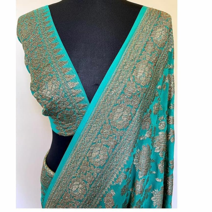 Teal Green Pure Khaddi Georgette Silk Banarasi Saree
