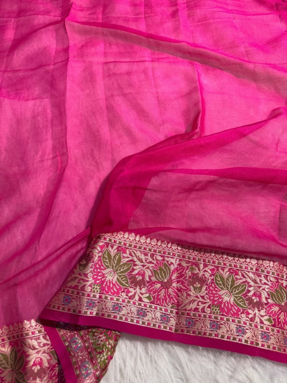 Rani Pink Pure Chiffon Silk Banarasi Saree