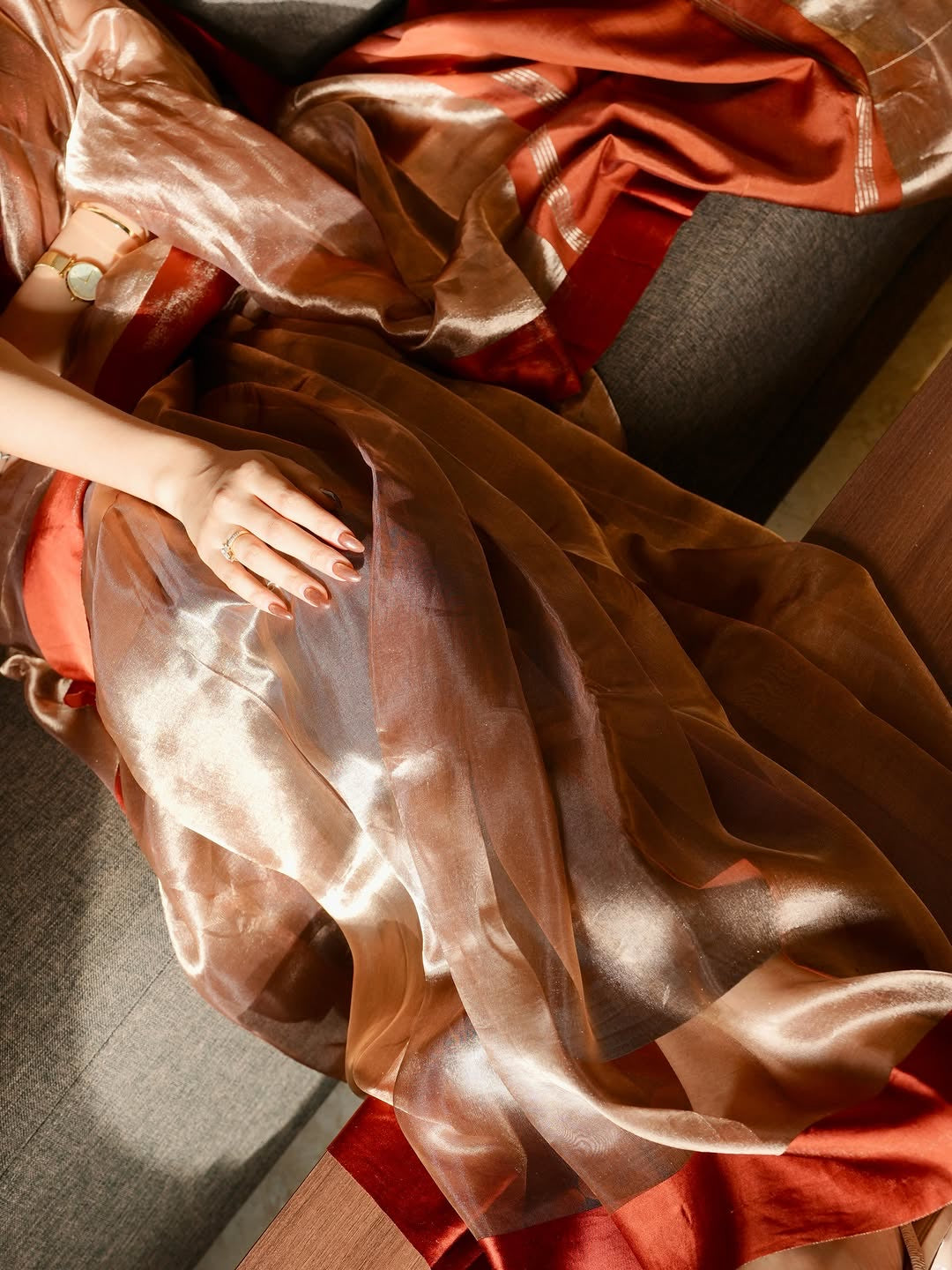 Rust Orange Pure Glass Tissue Silk Banarasi Saree