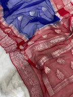 Royal Blue & Red Double Borders Pure Khaddi Chiffon Silk Banarasi Saree