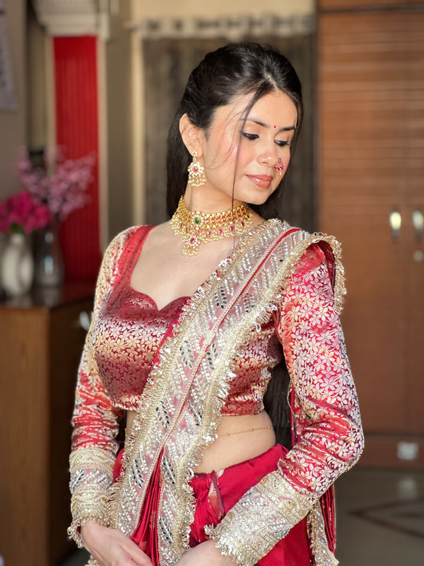 Maroon Red Banarasi Nazakat Soft Silk Saree