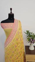 Strawberry & Lemon Handbrush Meenakari Pure Khaddi Georgette Silk Banarasi Saree