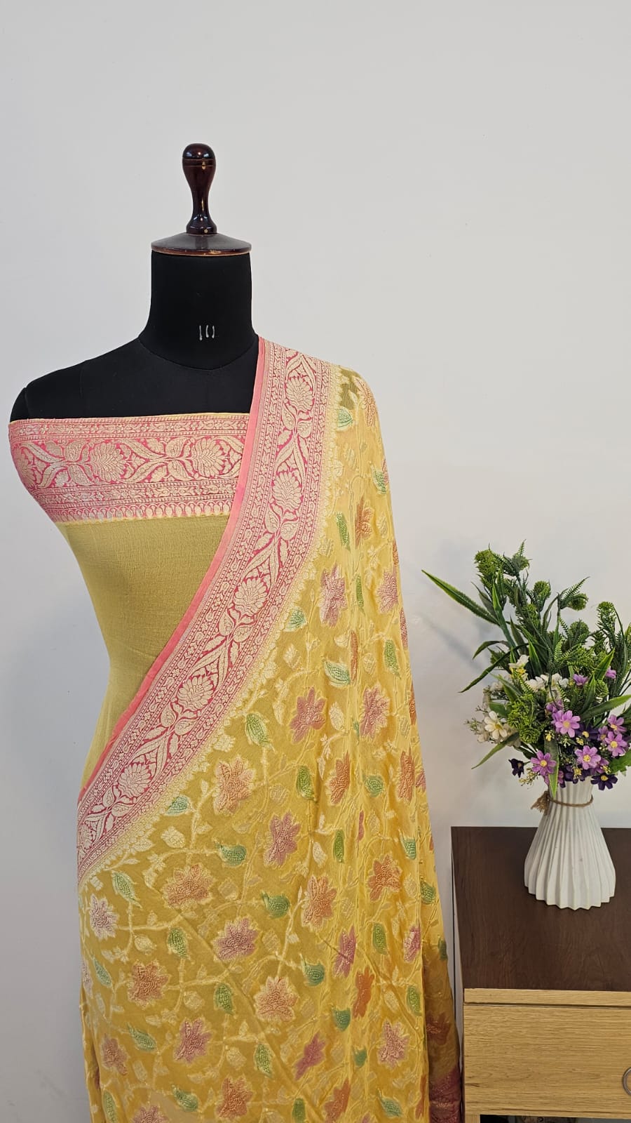 Strawberry & Lemon Handbrush Meenakari Pure Khaddi Georgette Silk Banarasi Saree