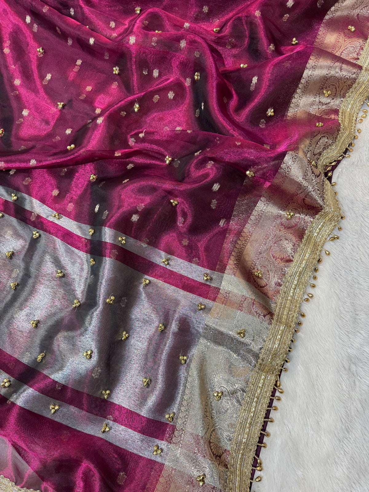 Magenta Tissue Silk Saree With Golden Ghungroo Butti Work & Luxury Lace Border