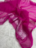 Lime Green & Rani Pink Pure Khaddi Chiffon Silk Banarasi Saree