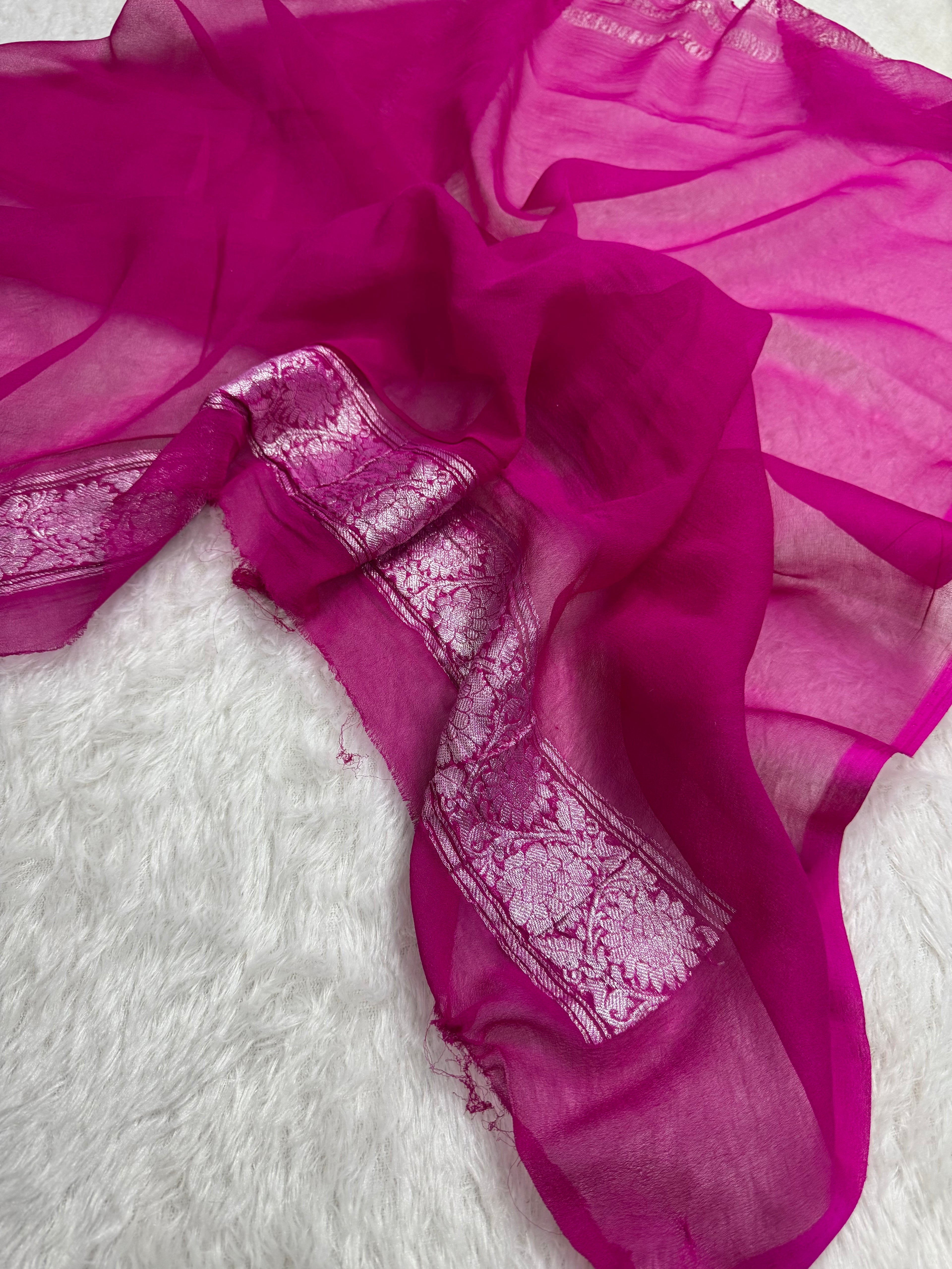 Lime Green & Rani Pink Pure Khaddi Chiffon Silk Banarasi Saree