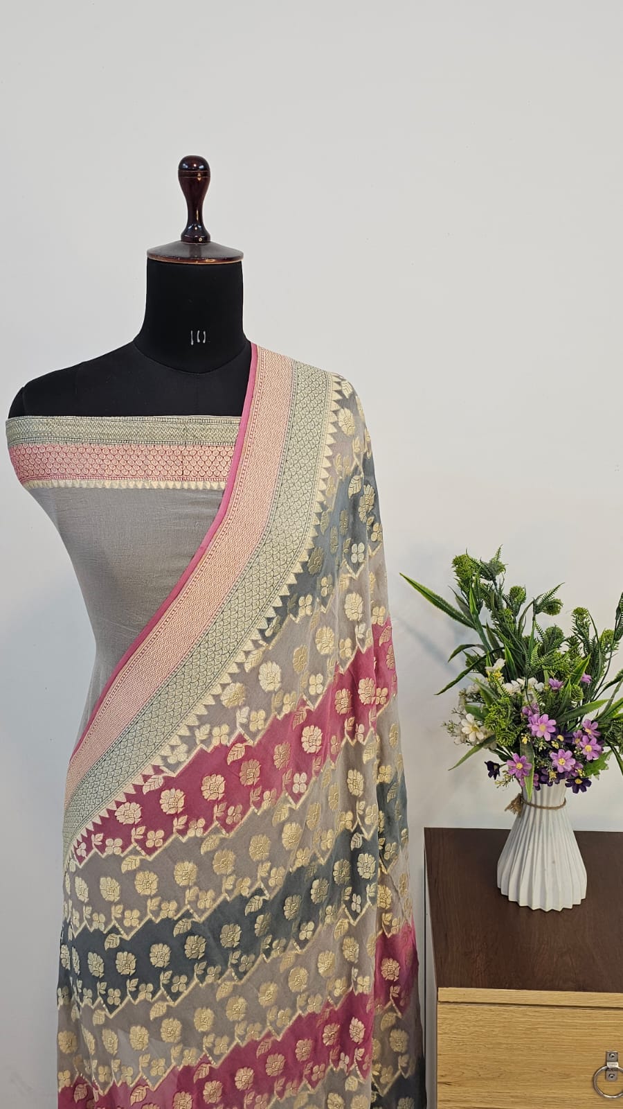 Dove Grey Rangkat Pure Khaddi Georgette Silk Banarasi Saree