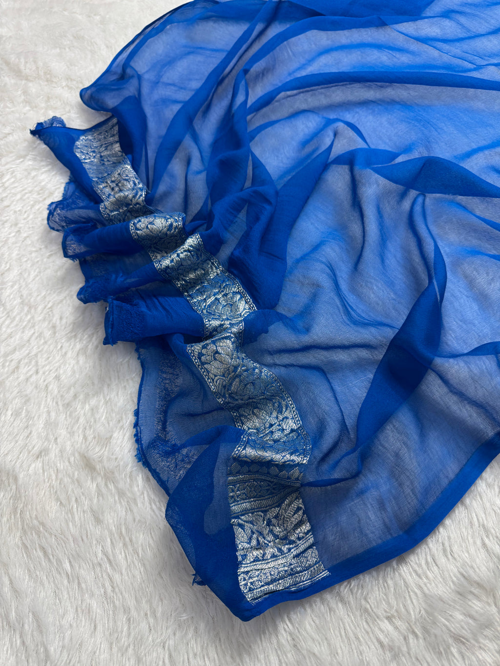 Orange & Peacock Blue Pure Khaddi Chiffon Silk Banarasi Saree