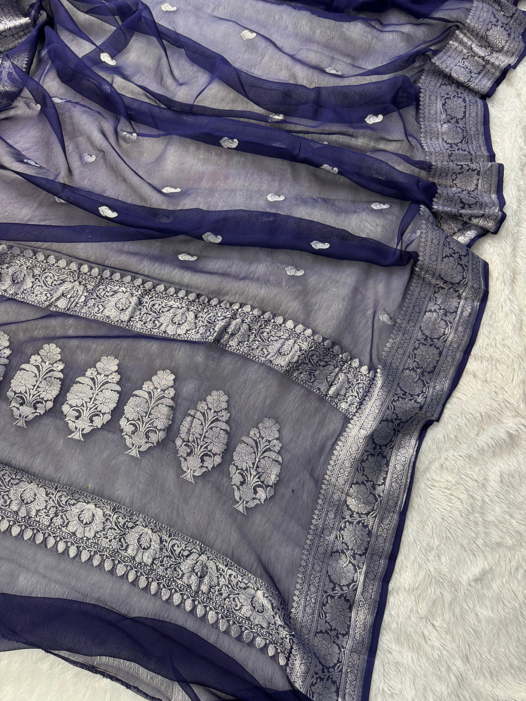 Navy Blue Pure Khaddi Chiffon Silk Banarasi Saree