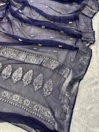 Navy Blue Pure Khaddi Chiffon Silk Banarasi Saree