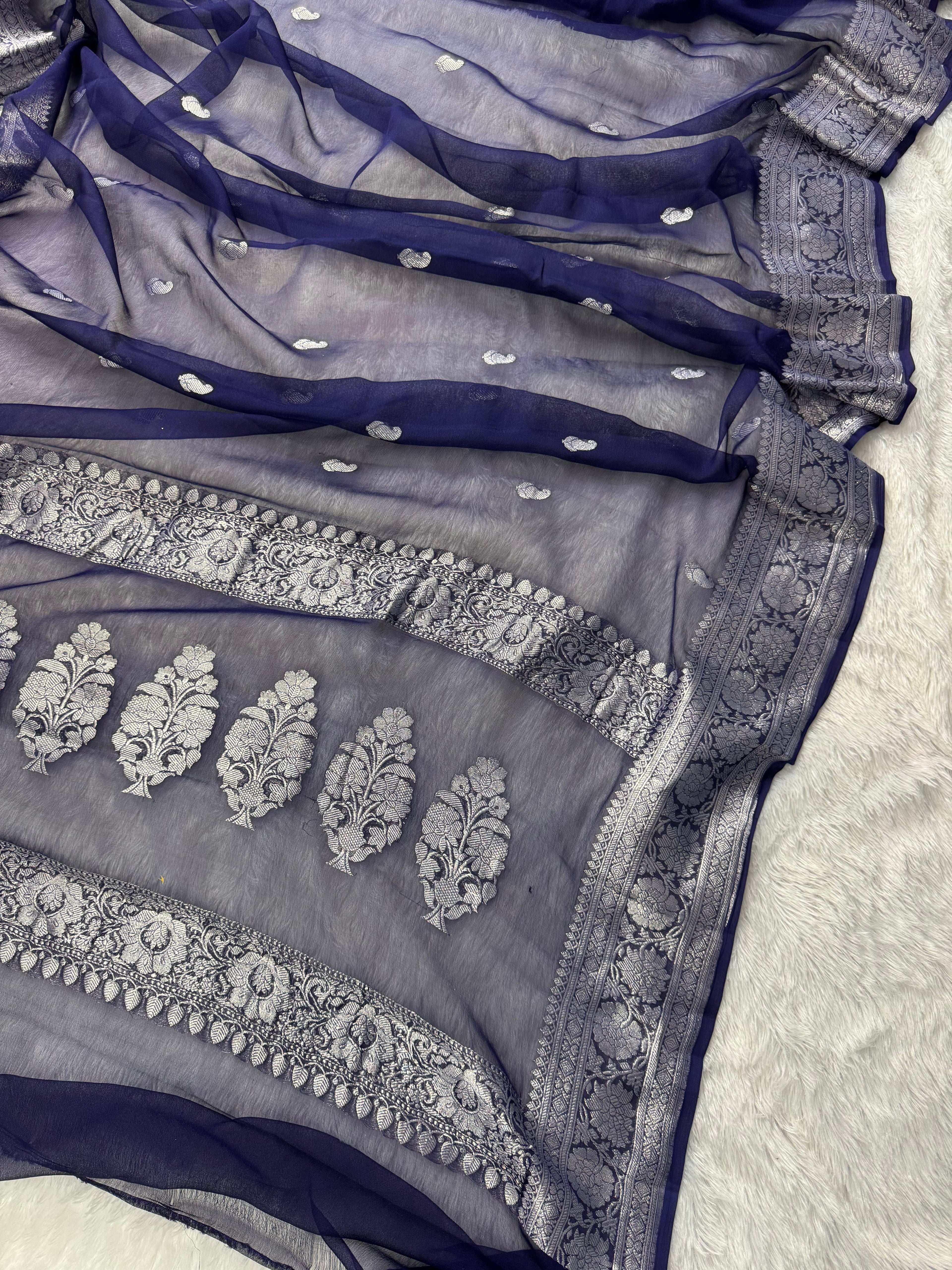Navy Blue Pure Khaddi Chiffon Silk Banarasi Saree