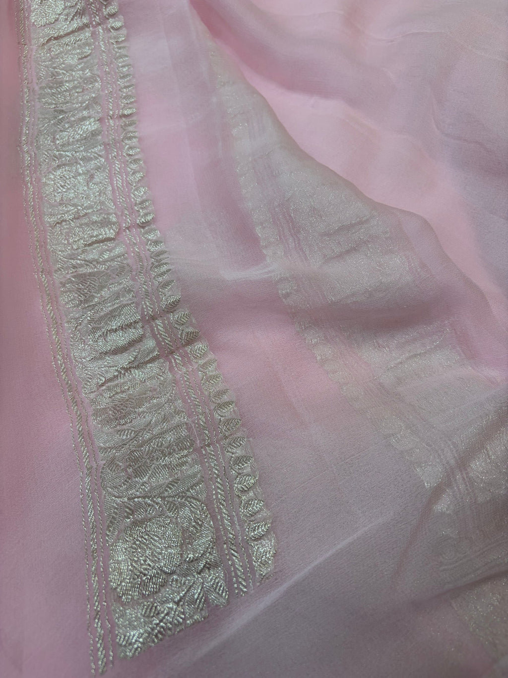 Baby Pink Pure Khaddi Chiffon Silk Banarasi Saree