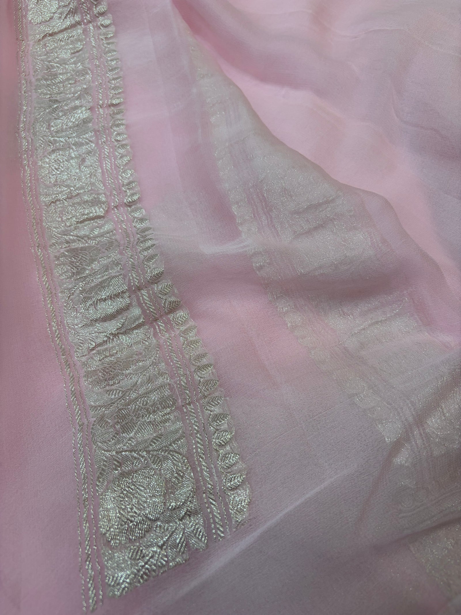 Baby Pink Pure Khaddi Chiffon Silk Banarasi Saree