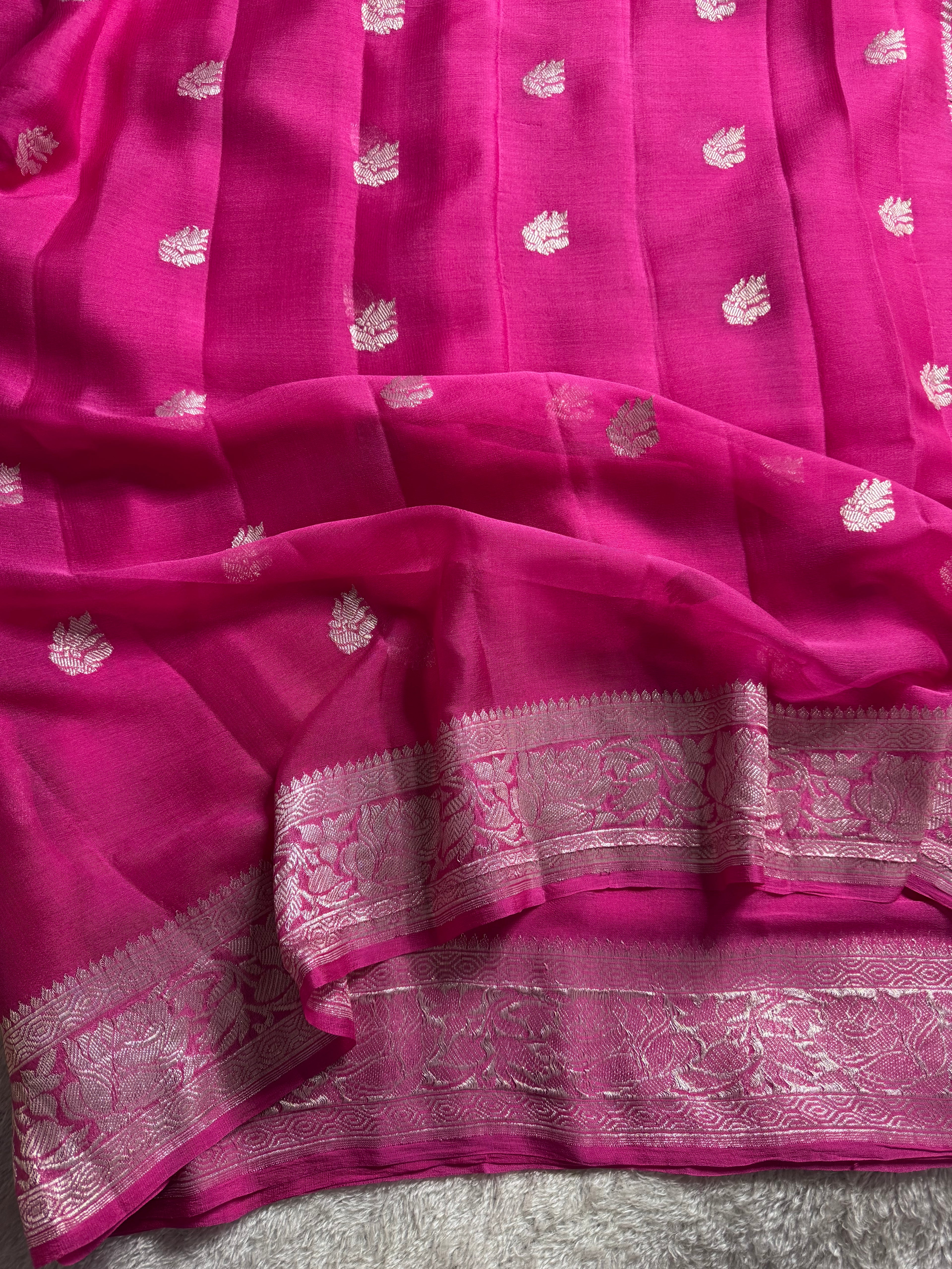 Rani Pink Pure Khaddi Chiffon Silk Banarasi Saree