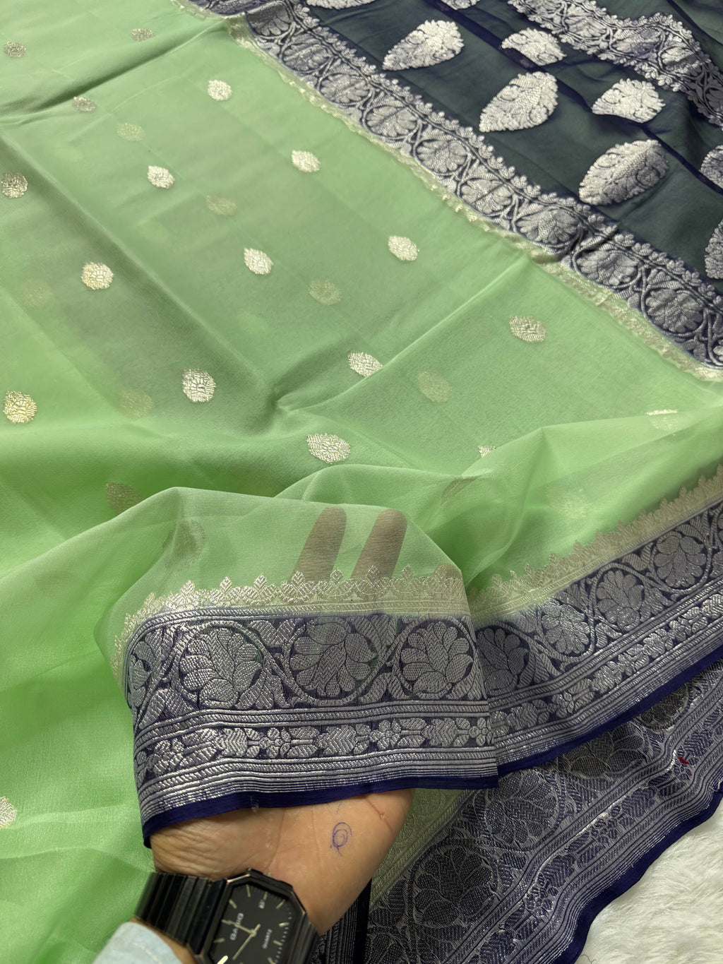 Pista & Navy Blue Pure Khaddi Chiffon Silk Banarasi Saree