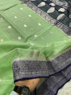 Pista & Navy Blue Pure Khaddi Chiffon Silk Banarasi Saree