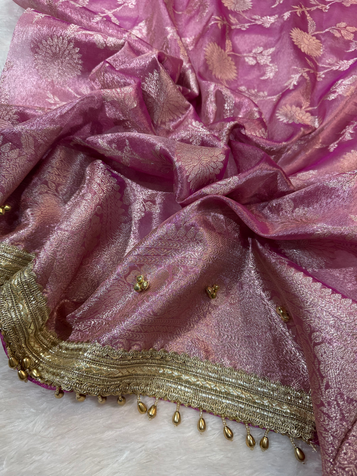 Pink Tissue Silk Saree With Golden Ghungroo Butti Work & Luxury Lace Border