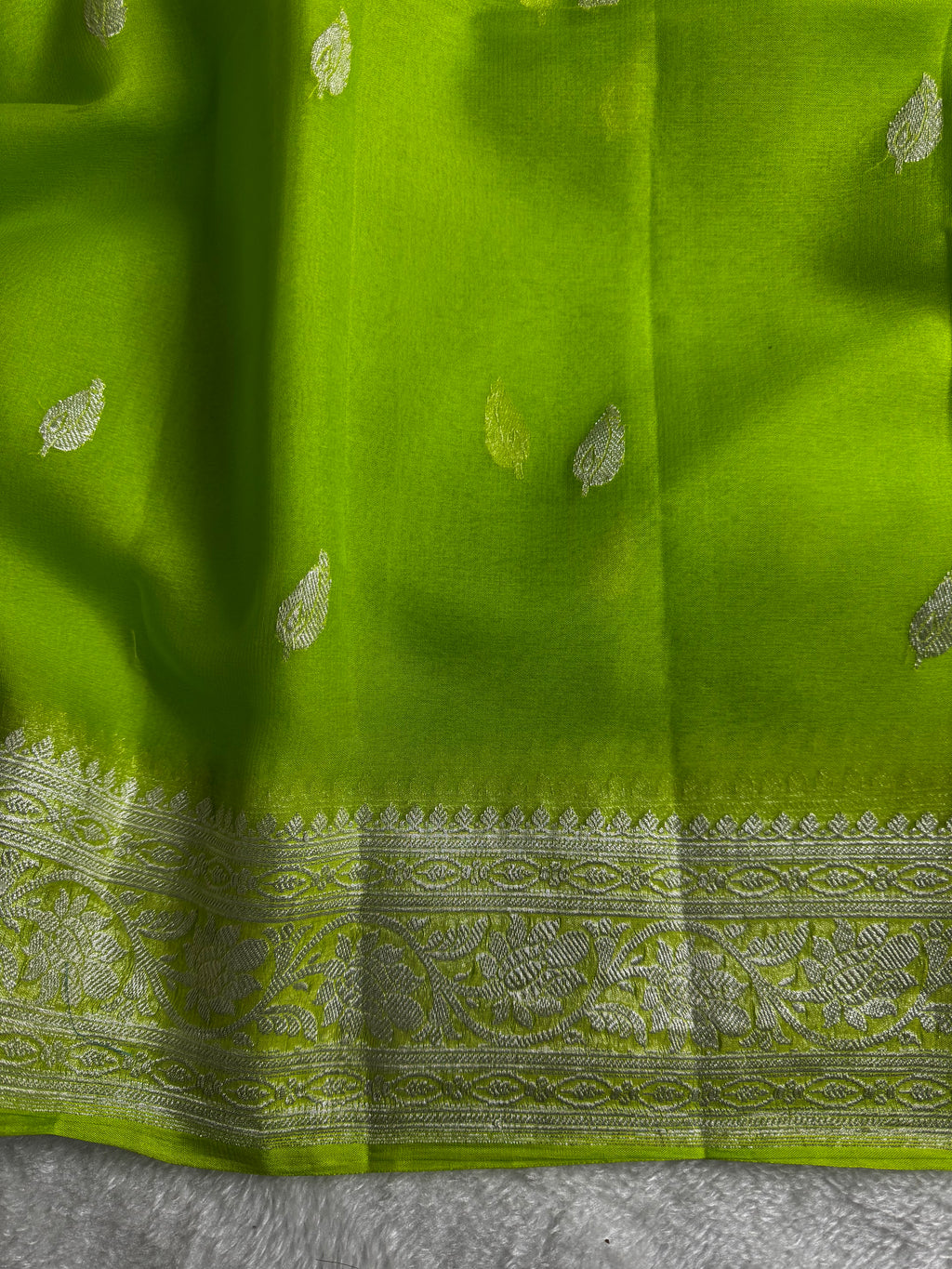 Bright Green Pure khaddi Chiffon Silk Banarasi Border Booti Saree