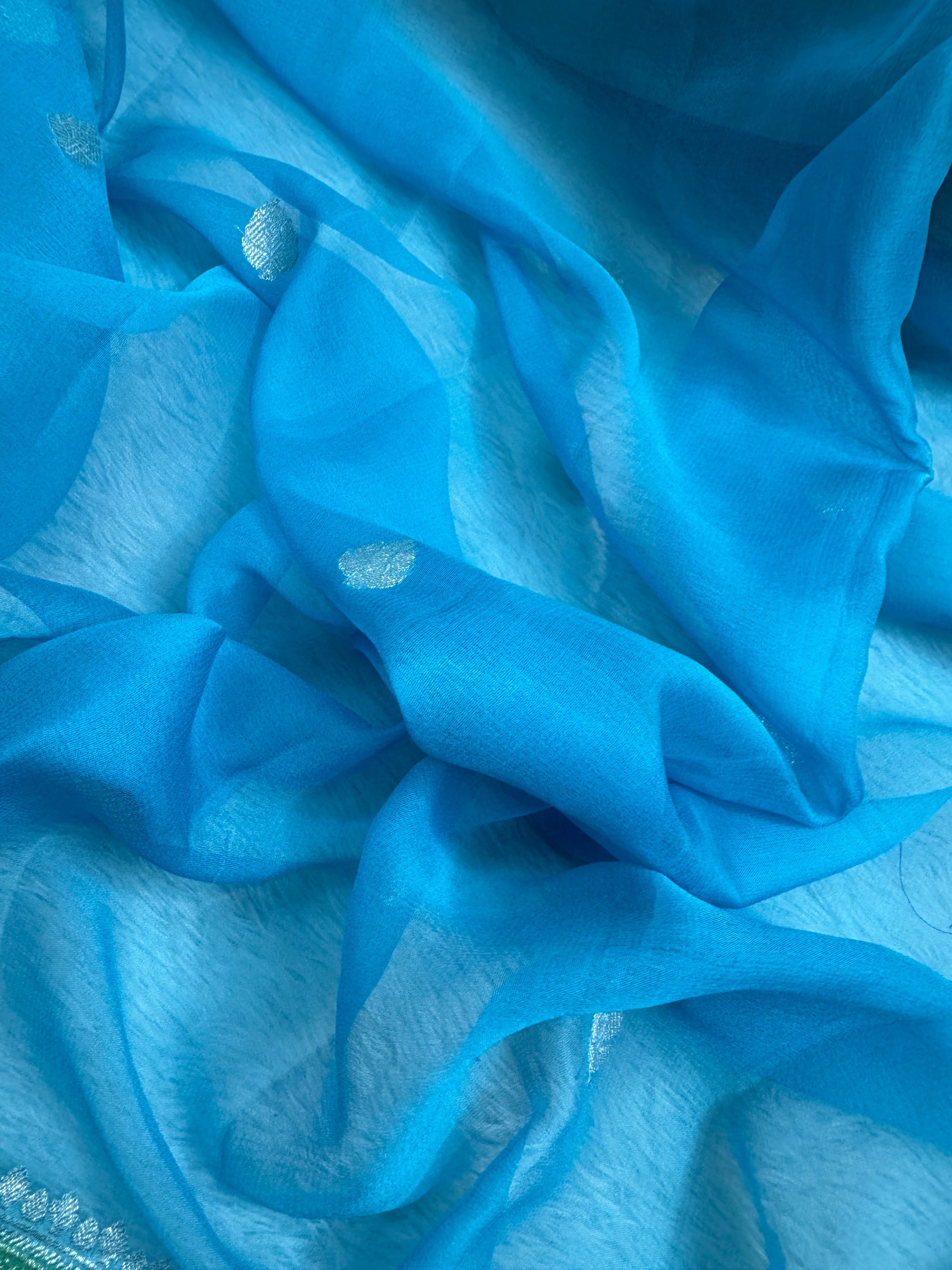 Sky Blue 3D Pure Khaddi Chiffon Silk Banarasi Saree