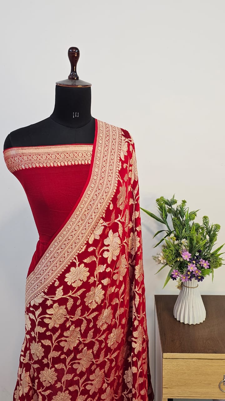 Red Pure Khaddi Georgette Silk Banarasi Saree