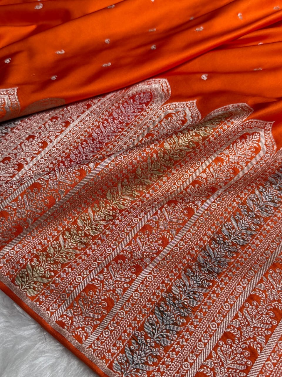 Orange Meenakri Mashru Katan Silk Banarasi Saree