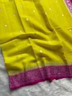 Yellow & Rani Pink Pure Khaddi Chiffon Silk Banarasi Saree